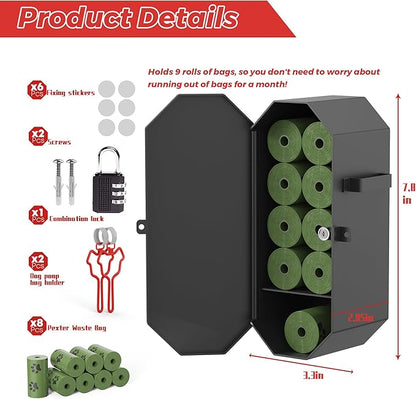 Dog Poop Bag Dispenser Wall Mount with 2Pcs Holders and 8 Rolls of Waste Bag, Metal, Corrosion-resistant, Combination Lock, Dark Gray, Suitable for Outdoor, Indoor, Raising Dogs