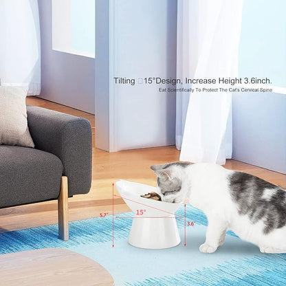 Detachable Elevated Cat Bowls, 15° Tilted Raised Cat Food Bowl Anti-Vomiting, Whisker Friendly, Adjustable Pet cat Dishes for Protecting Spine, Adult Kitten (White)