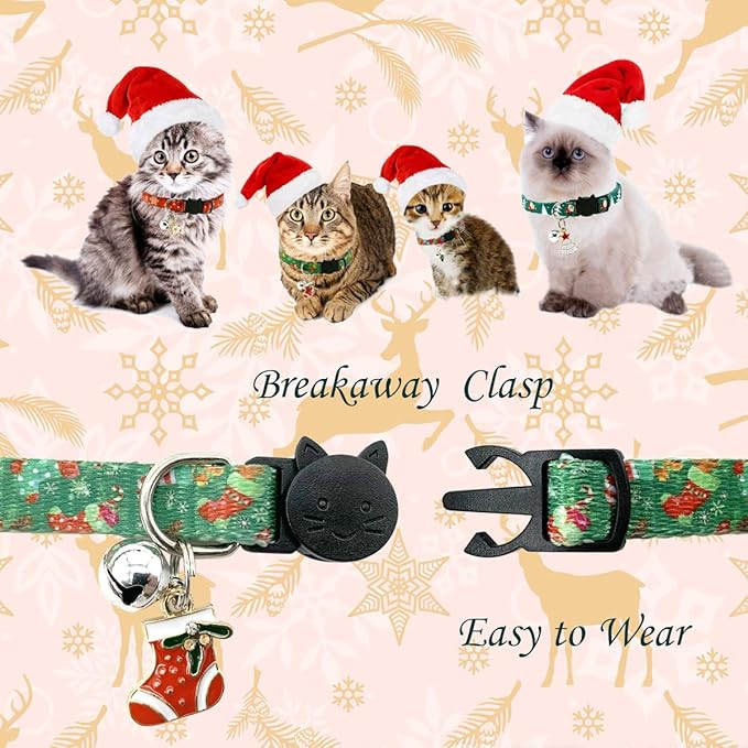 Christmas Cat Collar Set - Xmas Cat Adjustable Breakaway Collars with Bells & Charms 4Pcs Per Set