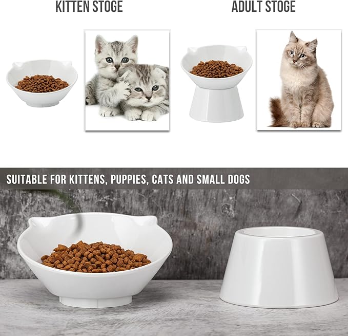 Detachable Elevated Cat Bowls, 15° Tilted Raised Cat Food Bowl Anti-Vomiting, Whisker Friendly, Adjustable Pet cat Dishes for Protecting Spine, Adult Kitten (White)