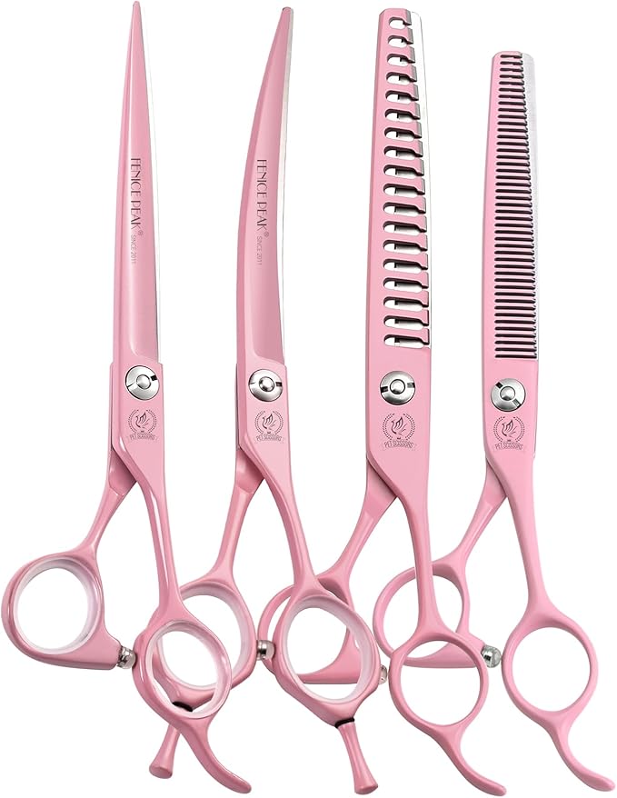 Fenice Peak 7" Professional Dog Grooming Scissors Set, Japanese 440C Stainless Steel Straight Thinning Curved Chunker Shears for Pet Grooming, Trimming Face, Paws, Pink