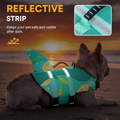 Dog Life Jacket,Dog Life Vest for Swimming,Dog Shark Life Jacket with Rescue Handle,Adjustable Reflective Dog Life Preserver for Extra Large Dog,Green Print 2XL