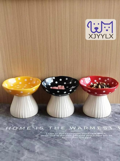 Mushroom Elevated Cat Bowls Ceramic, Cute Cat Bowls Whisker Fatigue | Raised Cat Bowl for Indoor Cats, Raised Dog Bowls Stand for Food and Water, Yellow 6" Wide for Adult Cats