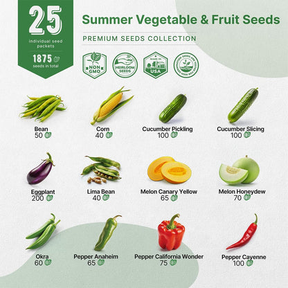 25 Summer Vegetable & Fruit Seeds Variety Pack - 1,870+ Non-GMO Heirloom Veggie & Fruits Seeds for Outdoors and Indoor Home Gardening, Including Collards, Tomato, Pepper, Okra, Onion, Bean, Cucumber