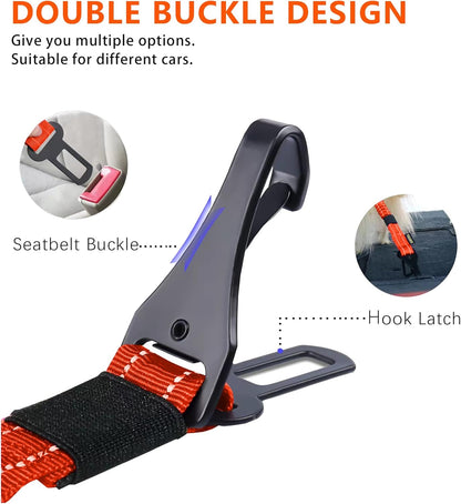 AUBELL Dog Seat Belt for Car,2 Pack Set 3-in-1 Adjustable Reflective Bungee Heavy Duty Dog Car Harness Tether with Clip Hook Latch & Buckle,Swivel Zinc Alloy Carabiner,Black+Orange
