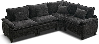 URRED Cloud Couch Modular Sectional Sofa, 116" Modern L Shaped Deep Seat Sofa with Pillows, Ultra Comfy Chenille Corner Couches for Living Room, Bedroom or Apartment, Black