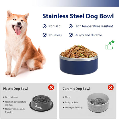 Stainless Steel Dog Bowl, Metal Water and Food Dish for Large Dogs, Insulated Non-Slip Pet Bowl, Easy Clean, 64oz, Blue