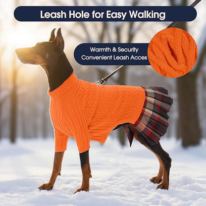 IECOii Girl Dog Sweater Dress - Cable Knit Dog Sweater for Small Dogs Girl - Orange, Medium, Turtleneck Pullover Sweaters with Tartan Plaid Skirt, Adorable Warm Dog Knitted Dress for Christmas