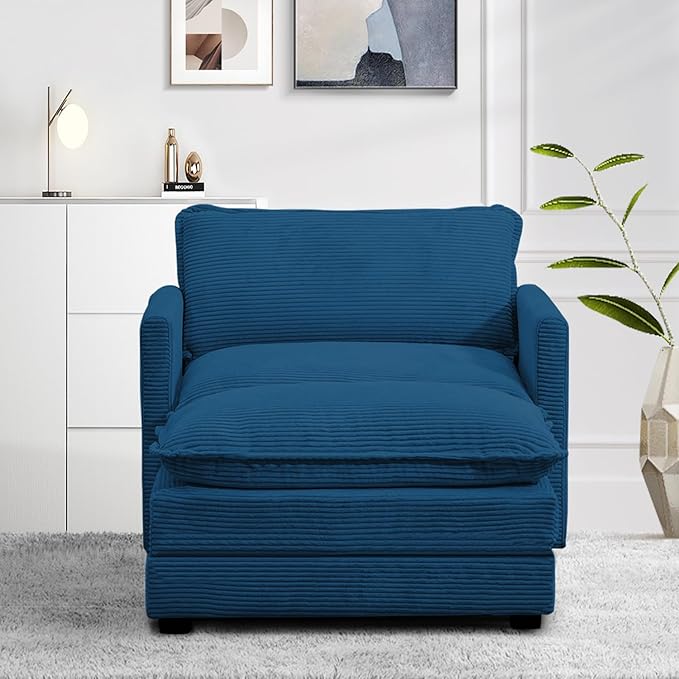ROWHY Single Armchair with Ottoman, Modern Corduroy Cloud Couch with Convertible Chaise, Upholstered Sofa Set for Living Room and Office, Blue