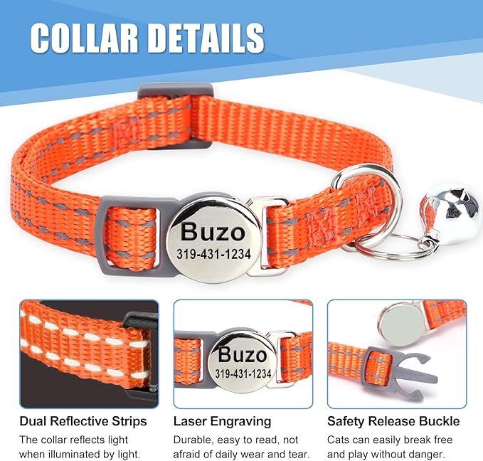 Personalized Engraved Cat Collar|Breakaway Safety Round Buckle|Reflective Adjustable Collar with ID Name Tag & Bell for Kittens & Puppies Cats,Red (7.5'' - 12'')