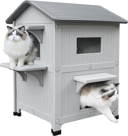 Rockever Plastic Insulated Outdoor Cat House with Escape Door, 2 Story Waterproof Cat House for Outdoor Cats for Feral Cats, Elevated Outside Cat Shelter, Clean and Assemble Easily