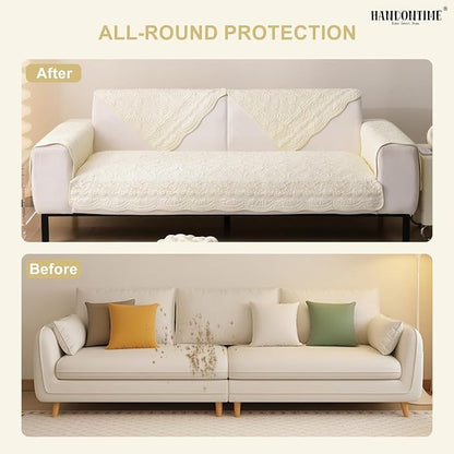 HANDONTIME Cotton Couch Cover for Dogs Breathable & Pet-Friendly Sofa Cover, Embroidery Dog Couch Cover Elegant Floral Quilted Slipcover, Non-Slip Washable Furniture Protector (Ivory, 35.4" x 94.5")