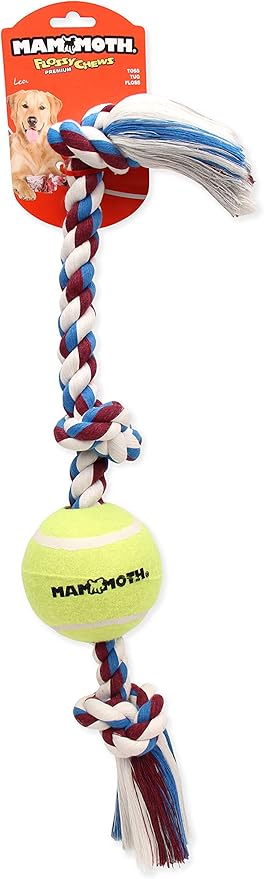 Mammoth Flossy Chews Color 3 Knot Tug w/Large Tennis Ball – Premium Cotton-Poly Tug Toy for Dogs – Interactive Dog Tug Toy – Rope Dog Toy with Tennis Ball for Large Dogs - 24”