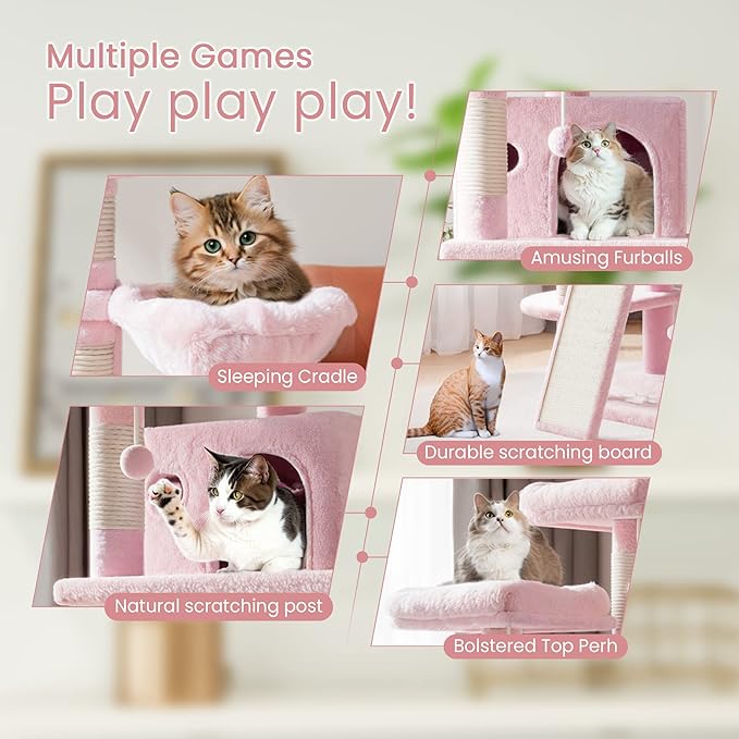 SHA CERLIN 68 Inches Multi-Level Large Cat Tree for Large Kitties/Big Cat Tower with Condo/Cozy Plush ‌Pussycat Perches/Sisal Scratching Posts and Hammocks/Activity Center/Pink