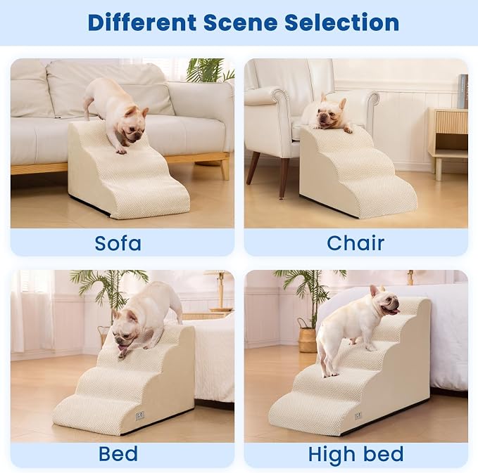 Dog Stairs for High Beds 22.4" H,5-Step Pet Ramp for Small & Medium Dogs | Airpanda Dog Steps with Washable Cover & High-Density Foam,Gentle Curved Design,Ideal for Senior & Short-Legged Dogs,Beige