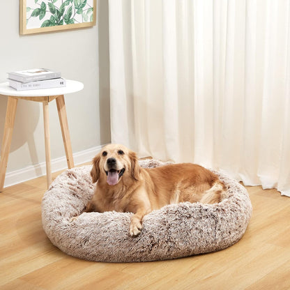Bedfolks Calming Donut Dog Bed, 36 Inches Round Fluffy for Large Dogs, Anti-Anxiety Plush, Machine Washable (Brown, Large)