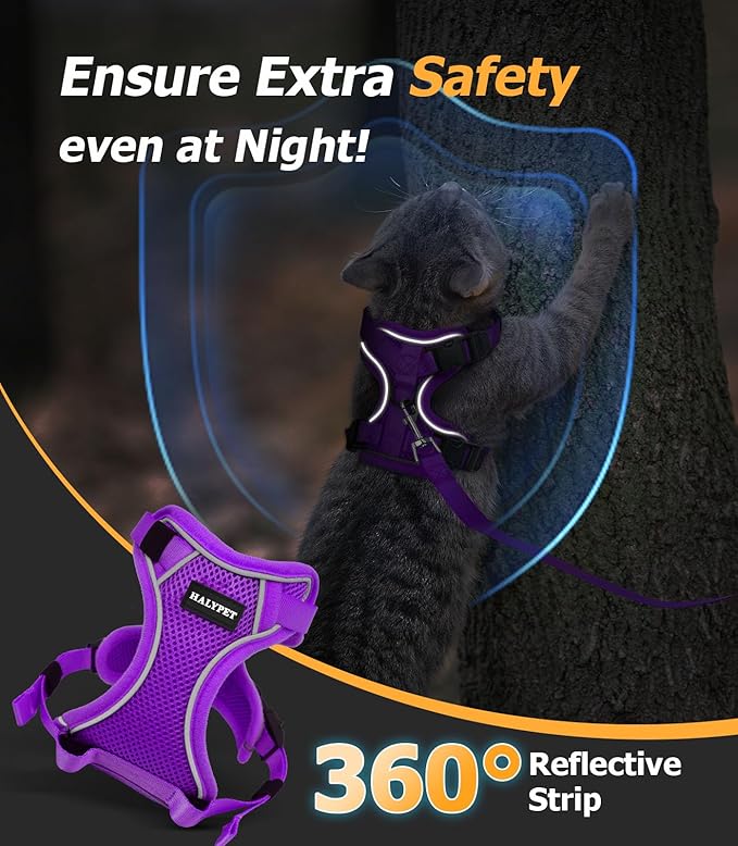 Halypet Cat Harness and Leash Set [MAX Safety 4th-Gen Upgrade] Escape Proof Adjustable Cat Leash Comfortable Soft Vest Easy to Wear Kitten Harness with Reflective Strip for Cats Walking, XS Purple