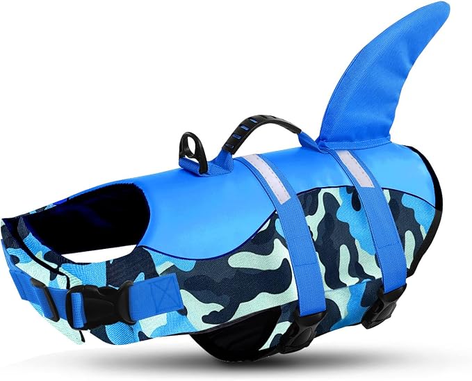 Dog Life Jacket Ripstop Dog Shark Safety Vest Adjustable Preserver with High Buoyancy and Durable Rescue Handle for Small,Medium,Large Dogs, Blue Camouflage Small