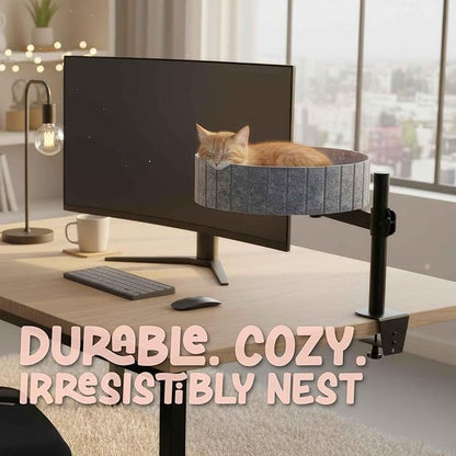 Cat Desk Bed with 360° Rotation & Height Adjustment, 60LB Capacity – Ultra-Plush Desk Mounted Perch Attachment, Table Cat Bed for Computer Desk, Washable Fluffy Hammock