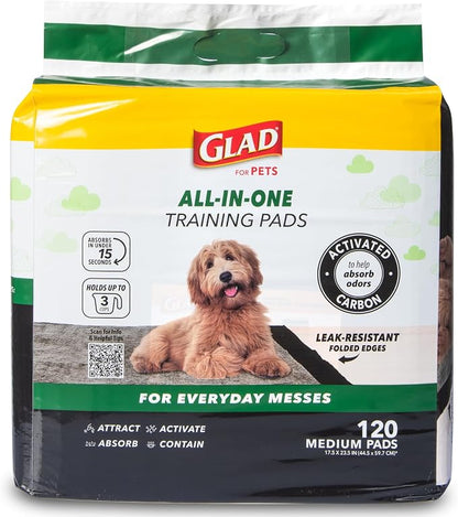 Glad for Pets Black Charcoal Puppy Pads, 17.5 x 23.5 Inch, 120 Count, 2-Pk | Super-absorbent core, disposable design, 17.5x23.5 in, potty crate and indoor training