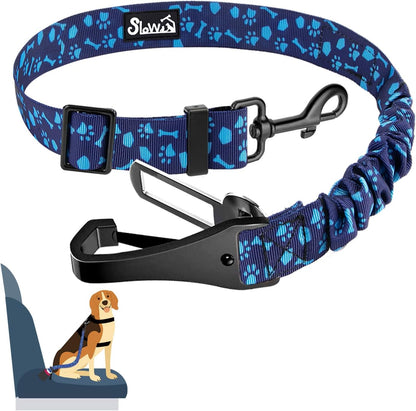 SlowTon Dog Seat Belt, Adjustable Dog Safety Belt Leash, 2 in 1 Latch Bar Attachment Dogs Car Seatbelt with Elastic Nylon Bungee Buffer, Reflective Nylon Belt Tether (BL,35.5in)