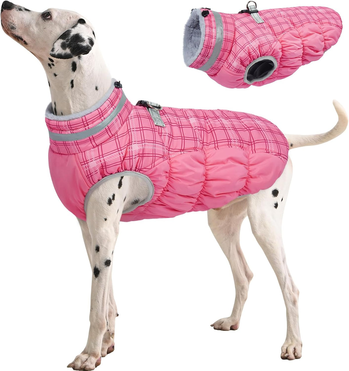 FUAMEY Dog Coat for Large Dogs,Waterproof Dog Winter Jacket with Harness Built in Puppy Cold Weather Coats Reflective Pet Vest with Zipper Warm Fleece Dogs Snowsuit Windproof Rose Plaid XL