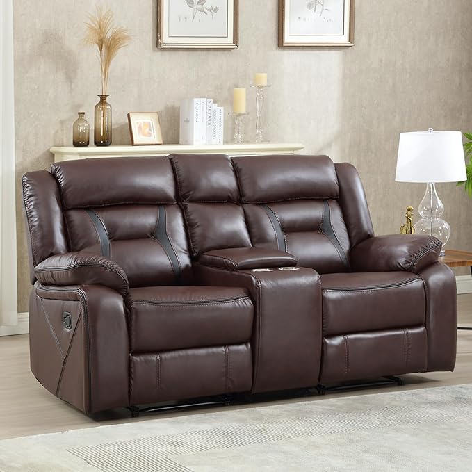 EBELLO Manual Faux Leather Loveseat Recliner, 2 Seat Reclining Sofa Chair with Center Console, Hidden Storage and Cup Holders, Daul Recliner for Living Room, Meeting Room, Dark Brown (Loveseat)