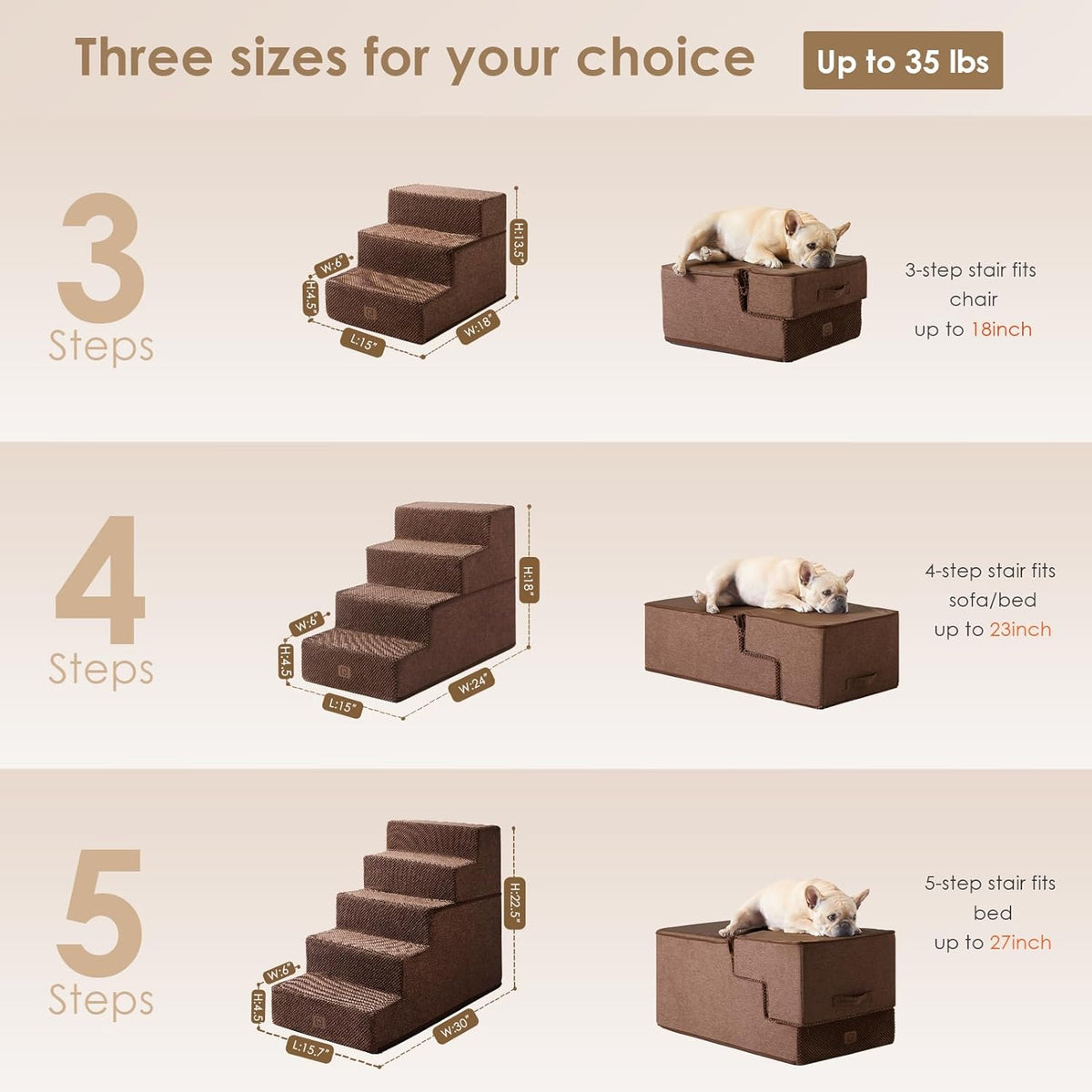 EHEYCIGA Dog Stairs for Small Dogs 13.5" H, 3-Step Dog Steps for Couch Sofa and Chair, Pet Steps for Medium Cats, Non-Slip Balanced Pet Ramp Indoor, Brown
