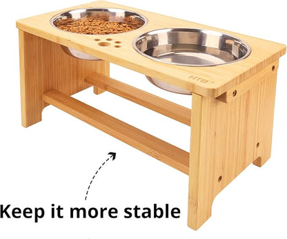 HTB Elevated Dog Bowls,Raised Dog Bowl Stand with 2 Stainless Steel Bowls,Elevated Raised Dog Bowls for Large Medium Small Sized Dogs | Raised Dog Bowl Stand, 10"tall, 48 Oz Bowls, for Large Sized Dogs, Pet-safe, Solid Bamboo