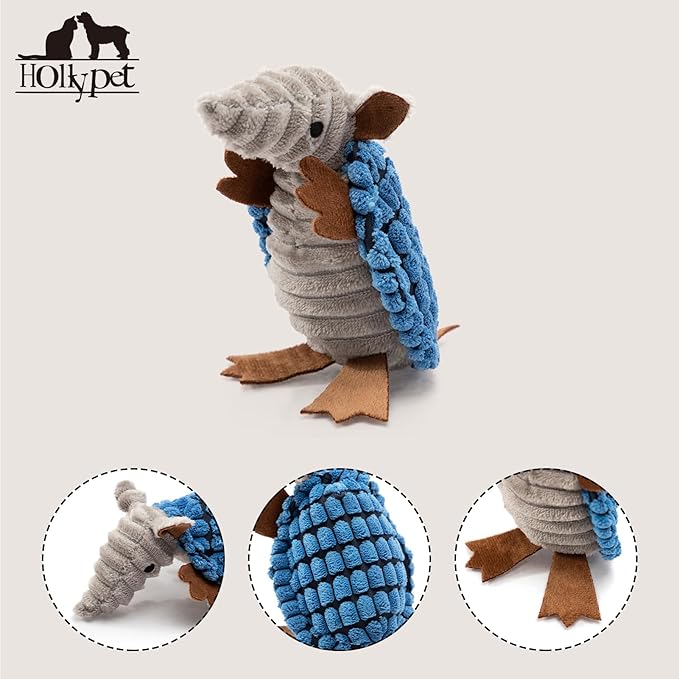 Hollypet Plush Dog Squeaky Toy Stuffed Armadillo Animal Pet Puppy Chew Toys with Clean Teeth for Small Medium Large All Breed Sizes Dogs, Blue, 6 in