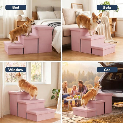 3-Step Wide Dog Stairs with Hidden Storage 18" H, Non-Slip Dog Steps for High Bed Couch Window Car, Jiont-Friendly Pet Stairs Ramp for Small/Medium/Large Old Dogs Cats Up to 200lbs, Pink