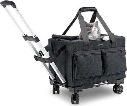 Pecute Cat Carrier with Wheels,Steel Wire Frame Cat Carrier, Stable Pet Trolley Bag for Cats, Pet Handbag and Stroller, Portable Cat Carrier Bag for Car Travel Bus Subway, Dark Grey