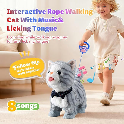 Gray Leash Walking Cat Set Interactive Talking Cat Singing Dancing Kitten Mimicking Repeat What You Say Kitty Touch and Voice Control Nodding Wagging Tail Plush Electric Kitty for Kid Gril