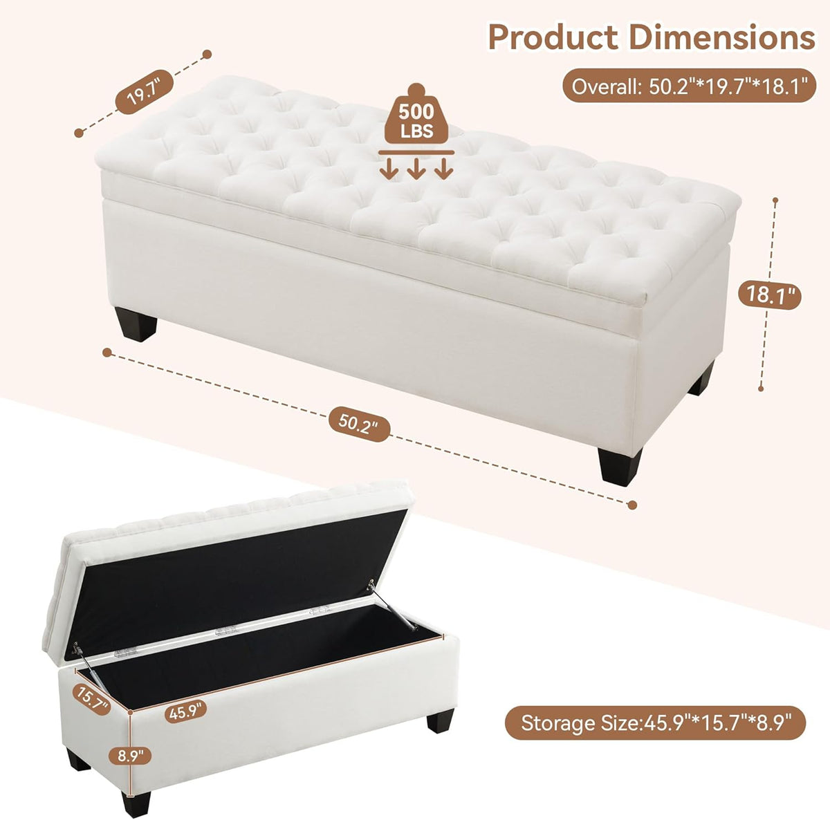 51" Fabric Storage Ottoman Bench, Upholstered Rectangle End of Bed Storage Ottoman Tufted Living Room Bedroom Bench with Safety Hinge, Solid Wood Legs, Loads 500 lb(Beige)