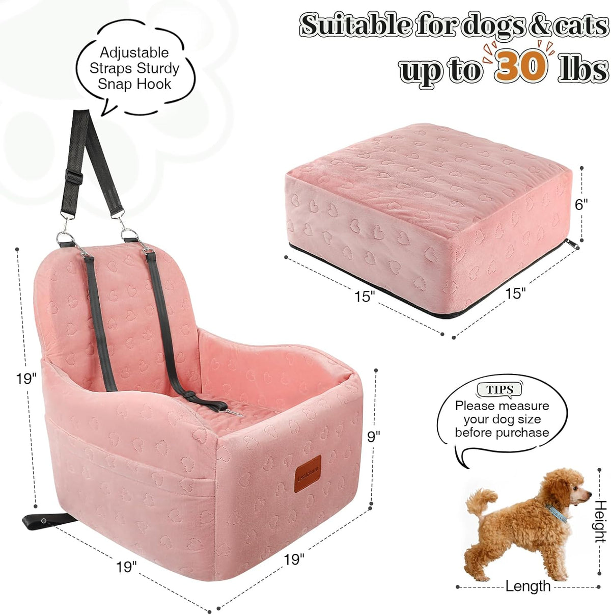 Dog Booster Car Seat for Small/Medium Dogs,Soft Puppy Portable Car Seat with Elevated Cushion,Fits in Front/Back Seat,Fully Detachable and Washable,Easy to Install (Pink, Medium)