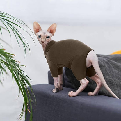ROZKITCH Hairless Cat Shirt, Turtleneck Sweater for Cat, Sphynx Cats Shirt Hairless Sweaters with Sleeves, Warm and Soft Kitten Pullover Fleece Winter Pajamas Jumpsuit for Puppy Cats Coffee S