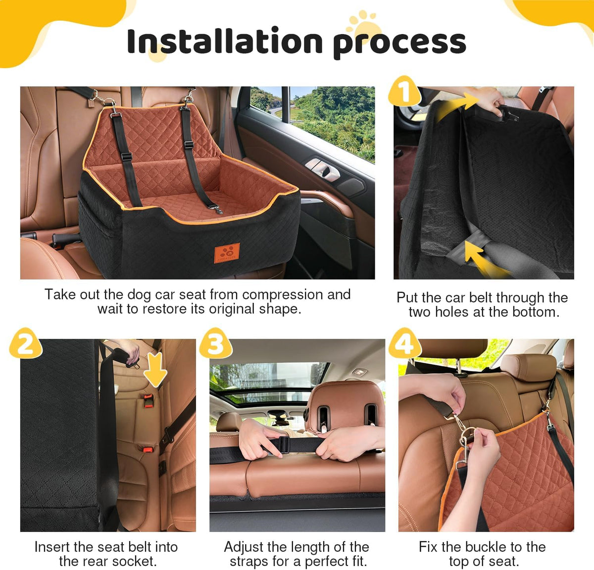 Dog Car Seat for Large/Medium Dog, Booster Seat for Dogs Under 55Lbs or 2 Small, Detachable and Washable Travel Pet Seat with Thick Cushion and Storage Pockets (Black/Brown)