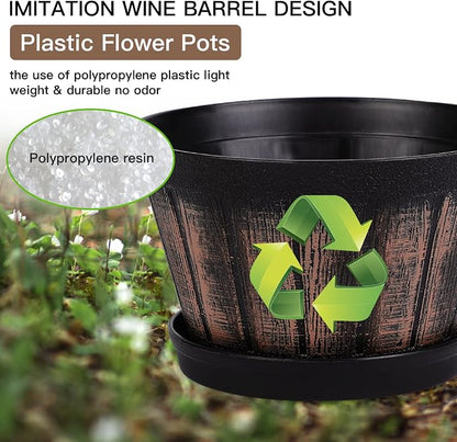 Quarut 6 inch Brown Barrel Planters with Drainage Holes & Saucer, Set of 4, Indoor & Outdoor Garden Home Plants