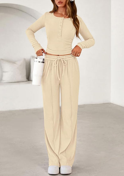 PRETTYGARDEN Women's 2026 Fall Trendy 2 Piece Outfits Lounge Sets Long Sleeve Top Henley Shirts Wide Leg Pants Travel Clothes