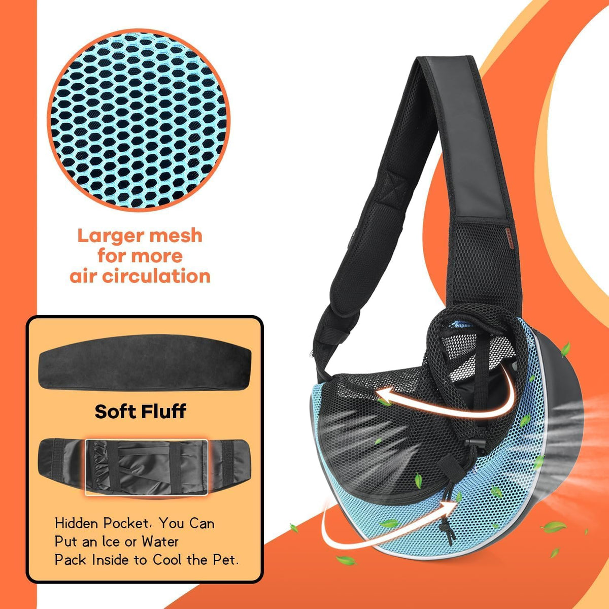 YUDODO Pet Sling Carrier for Small Dogs & Cats – Hands-Free Puppy Carrier with Safety Hook, Large Zipper Pocket, Soft Breathable Mesh, Adjustable Strap & Reflective Strip (Cyan 3.0 M)