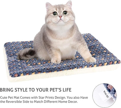 Mora Pets Cat Bed Ultra Soft Dog Crate Pad Star Print 14 x 17.5 inch Blue | Washable Crate Mat for Small Dogs and Indoor Cats, Reversible Fleece Dog Kennel Pad, Flat Pet Bed, Cat Carrier Mat