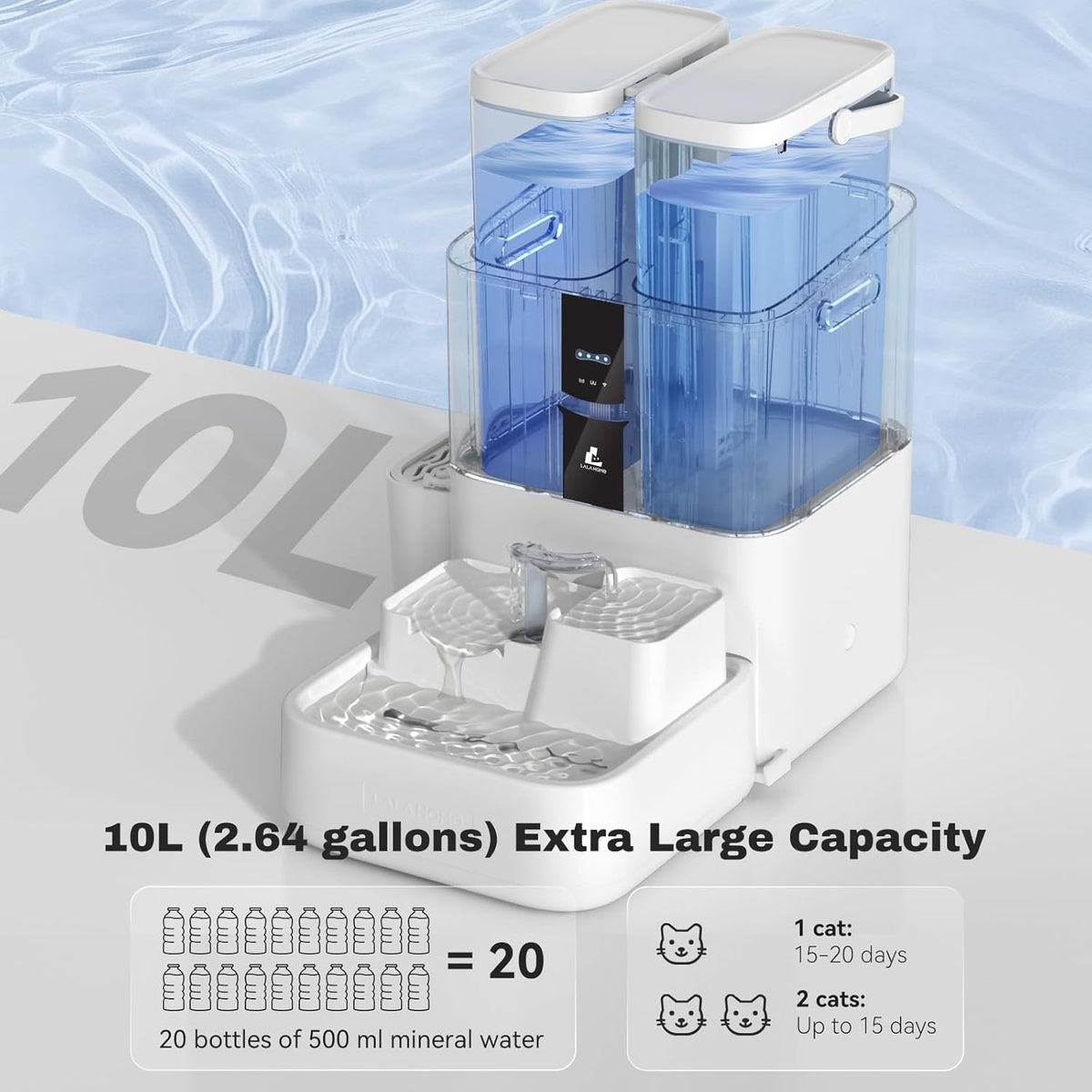 Daily Fresh Cat Water Fountain 10L/338oz Self Filling and Cleaning, Pet Water Dispenser with Filter System for Dogs, 5G Wi-Fi Smart Bowl Wastewater Separation & No Slimy with Quiet Pumps