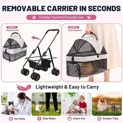 Dog Stroller for Small Dogs, Panoramic Mesh Pet Cat Stroller with Detachable Carrier, Foldable Pet Stroller up to 35 lb, with Safety Tether, Puppy Doggie Stroller for Medium Dogs 20 lbs Grey