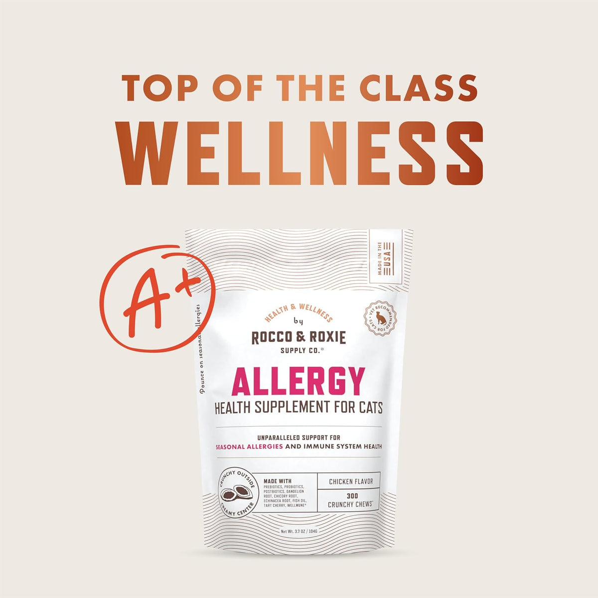 Rocco & Roxie Allergy Relief for Cats, Cat Supplements & Vitamins, Probiotics to Support Gut Health, Fish Oil for Skin, Sneezing and Itching from Seasonal Allergies, Tart Cherry Immune System Support