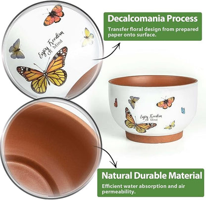 YBX 8 Inch + 6 Inch Terracotta Plant Pots, Flower Pots for Indoor Plants with Drainage, Planters with Butterfly Accent for Indoor Plants (Tropical)
