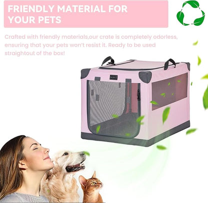 PETSFIT 30" Soft Portable Dog Crate – Patented Spiral Sturdy Frame, Collapsible Travel Kennel for Medium Dogs, 3 Mesh Door, Lockable Zippers, Indoor & Car Use Pink