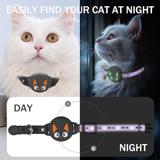 Airtag Cat Collar Breakaway, Reflective Kitten Collar with Apple Air Tag Holder and Bell for Girl Boy Cats, Lightweight Cat Collars for Apple AirTag, Hidden GPS Tracker Holder for Cats, Black (9-13")