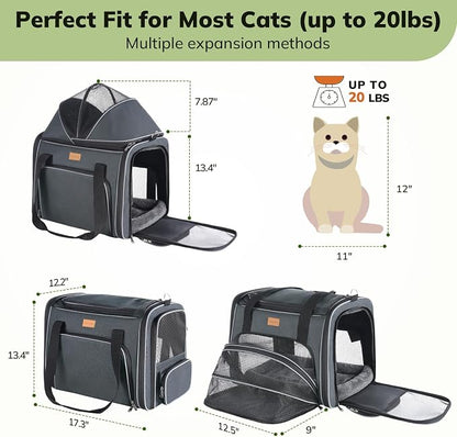 Morpilot Top and Side Expandable Cat Carrier for Pets up to 20lbs | Airline Approved Collapsible Soft-Sided Pet Carrier for Car Rides and Vet Visits (Dark Gray)
