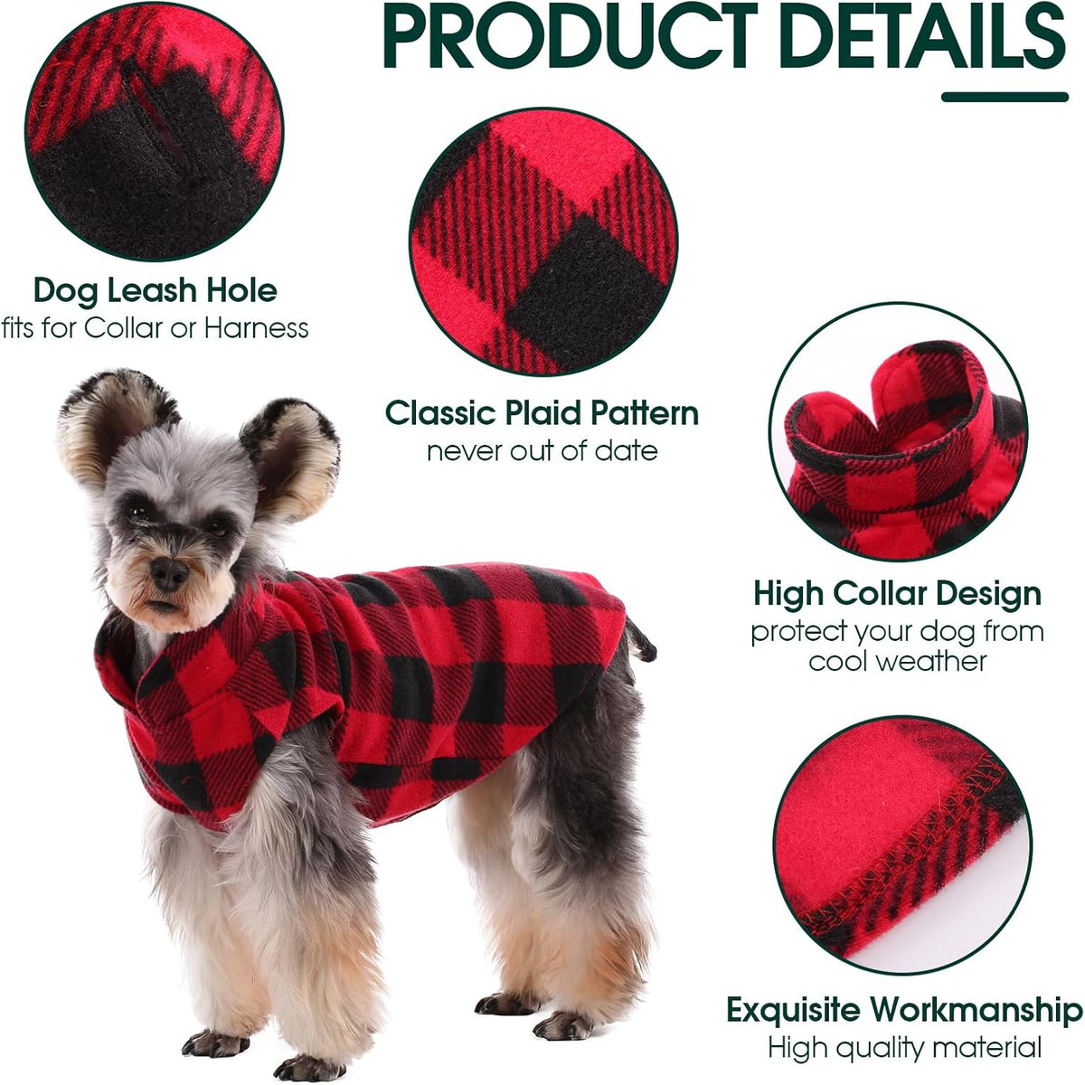 Kuoser Dog Fleece Vest,Warm Plaid Dog Sweater with Leash Hole,Soft Turtleneck Winter Pet Jacket Dogs Coat Pullover Clothes for Small Medium Dogs Cats,Spring Fall Cold Weather Christmas Outfit,Red S