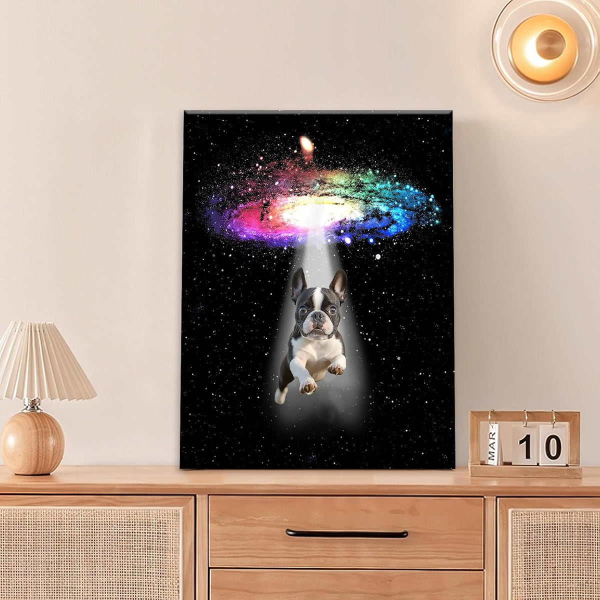 Funny Dog Wall Art Canvas Boston Terrier Wall Decor Prints Framed Painting Bulldog Galaxy Pictures Gifts Artwork for Bathroom 12"x16"